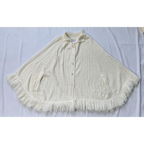 Vintage 70s Cream Knit Embroidered‎ Boho Poncho Cape with Collar One Size - Picture 1 of 5